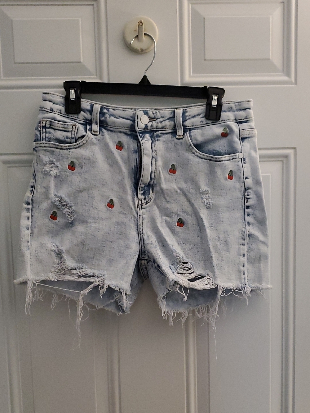 Judy Blue Light Wash Distressed Denim Shorts with Cherry Accents